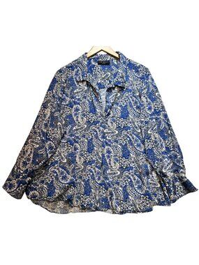 Lane Bryant Women Relaxed Collar Popover Shirt Long Sleeve Sz 22/24 Blue Paisley
